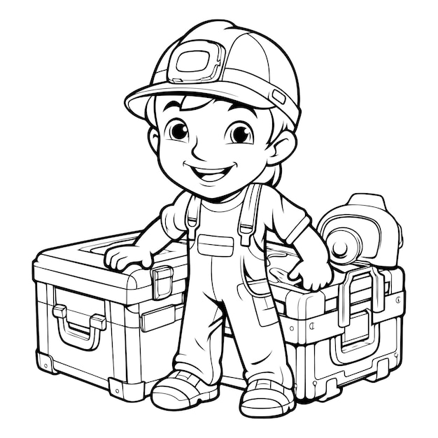 Black and White Cartoon Illustration of Cute Little Boy Constructor Character with Tool Box Coloring Book