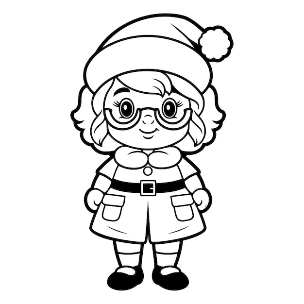 Vector black and white cartoon illustration of cute little elf character for coloring book