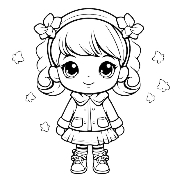 Black and White Cartoon Illustration of Cute Little Girl Character for Coloring Book