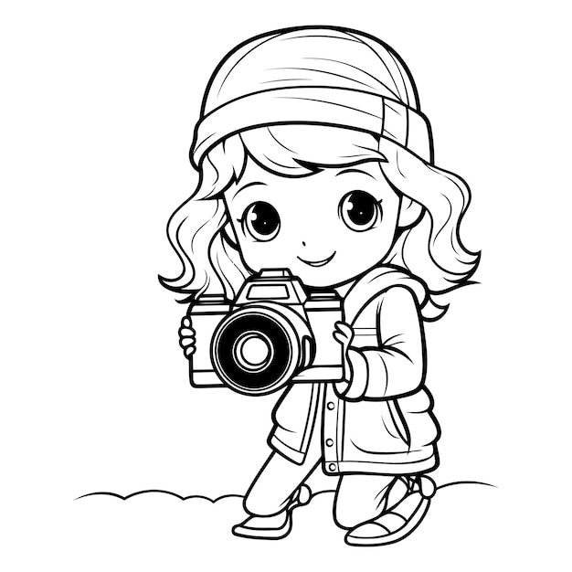 Черно-белая мультфильмная иллюстрация милой маленькой девушки-фотографа с камерой для раскрашивания книги
