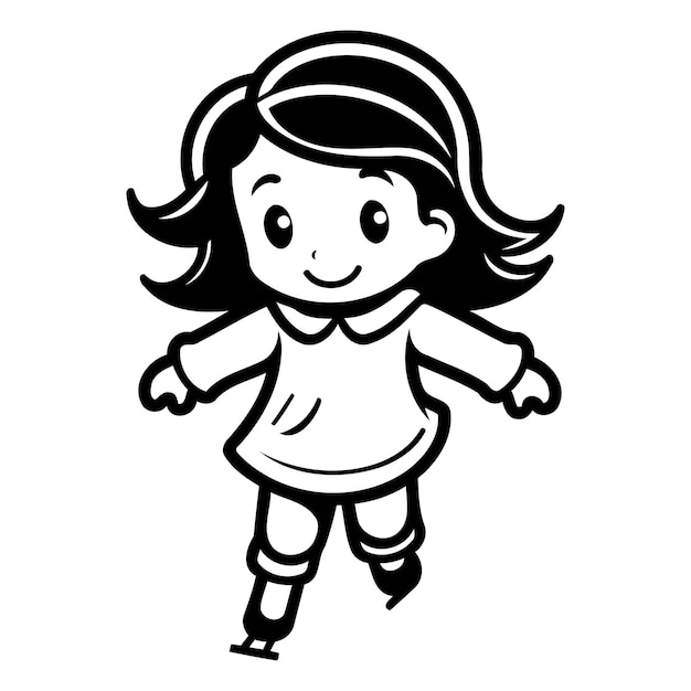 Black and White Cartoon Illustration of Cute Little Girl Skating