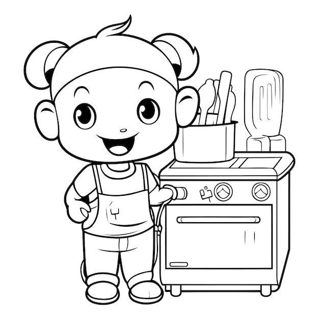 絵本用のキッチン機器を持つ可愛い小さな女の子の黒と白の漫画イラスト
