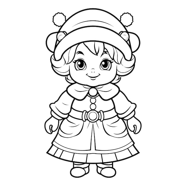 Vector black and white cartoon illustration of cute little snow maiden character for coloring book