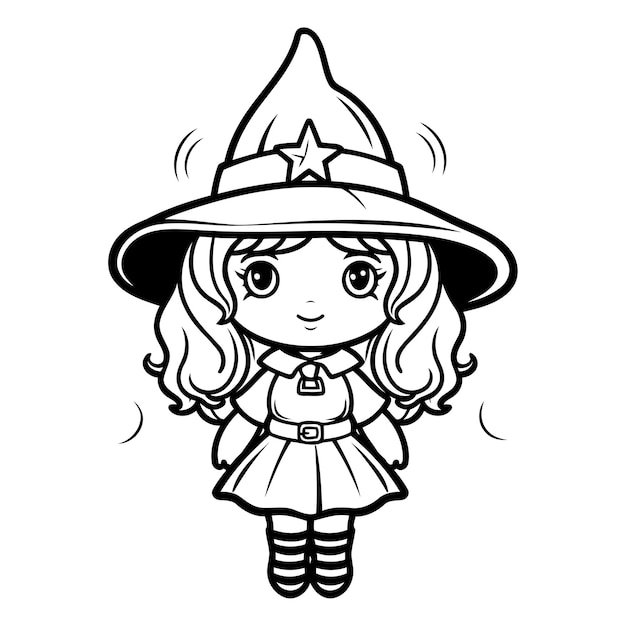 Vector black and white cartoon illustration of cute little witch character for coloring book