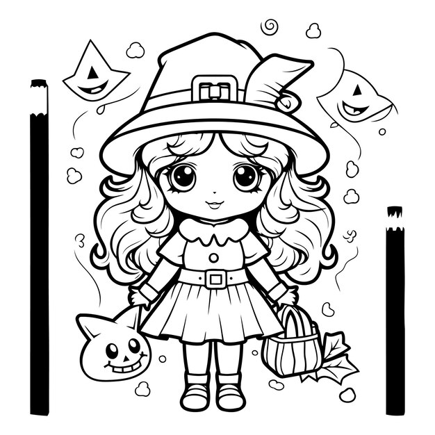 Vettore illustrazione in bianco e nero del personaggio caricaturistico di cute little witch girl per il libro da colorare