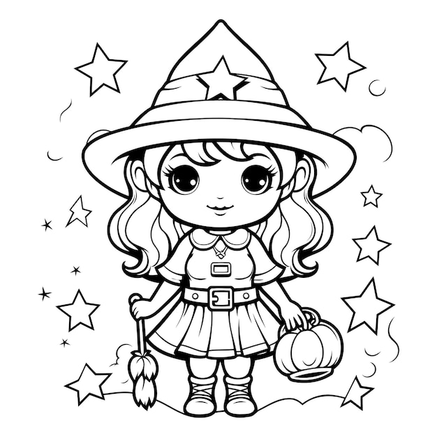 Vector black and white cartoon illustration of cute little witch girl coloring book