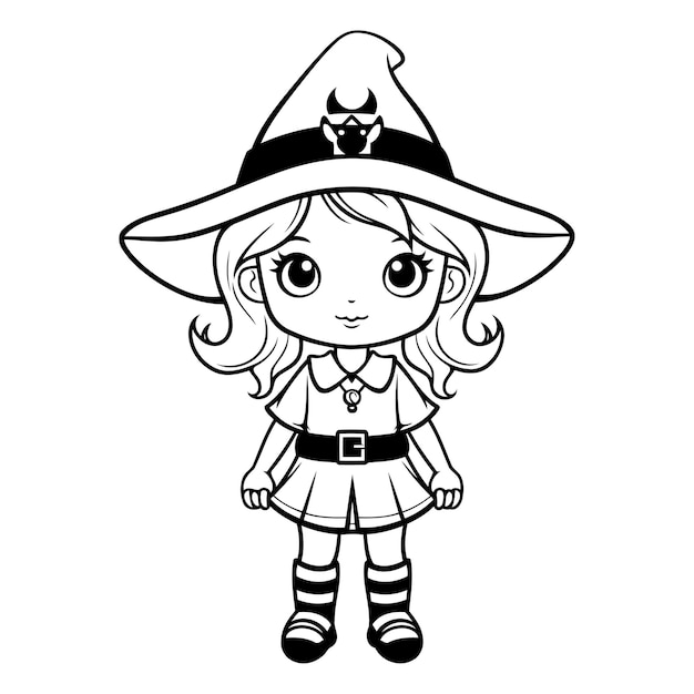 Vector black and white cartoon illustration of cute little witch girl for coloring book