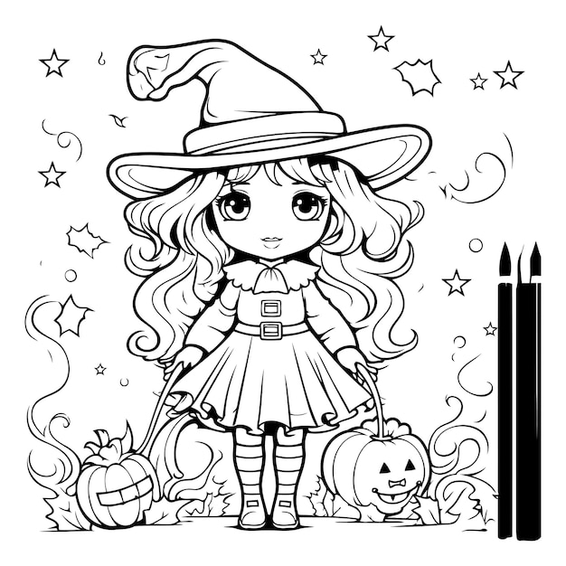 Vector black and white cartoon illustration of cute little witch with pumpkin and witch hat for coloring book