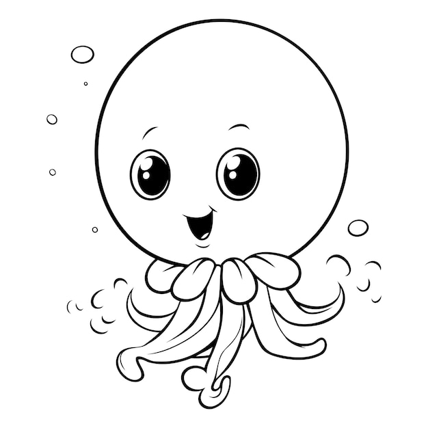 Vettore illustrazione in bianco e nero di un cartoon di un carino polpo o di un personaggio di polpo