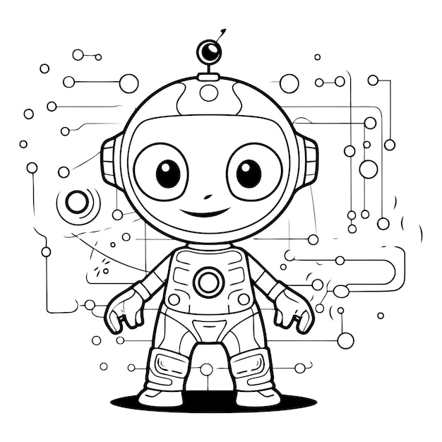 Vector black and white cartoon illustration of cute robot or astronaut character coloring book