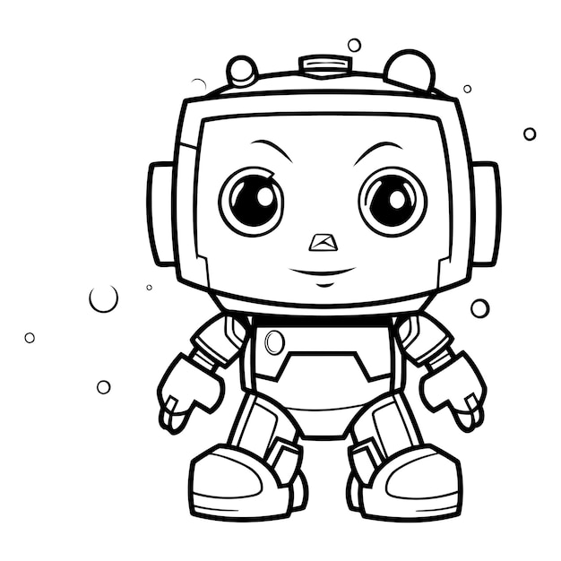 Black and White Cartoon Illustration of Cute Robot Character for Coloring Book