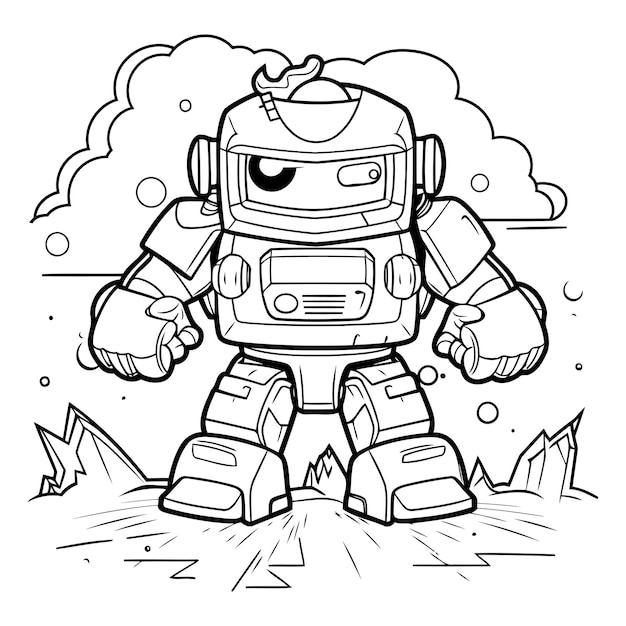 Black and White Cartoon Illustration of Cute Robot Comic Character for Coloring Book