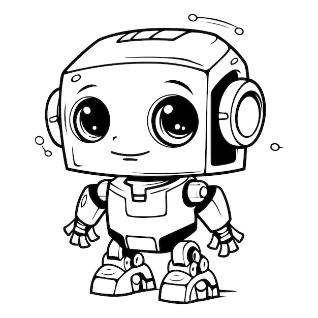 Black and White Cartoon Illustration of Cute Robot Comic Character for Coloring Book