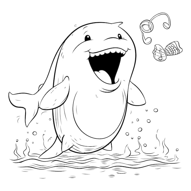 Black and White Cartoon Illustration of Cute Shark Mascot Character