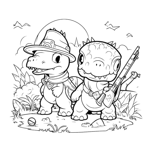 Black and White Cartoon Illustration of Dinosaurs Fantasy Characters for Coloring Book