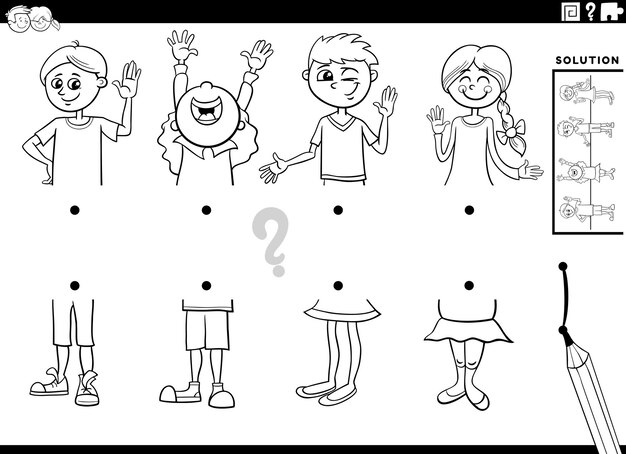 Black and white cartoon illustration of educational activity of matching halves of pictures with children characters coloring page