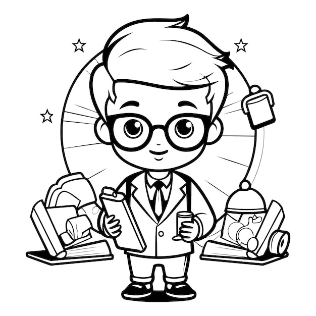 Vector black and white cartoon illustration of elementary school boy student character for coloring book