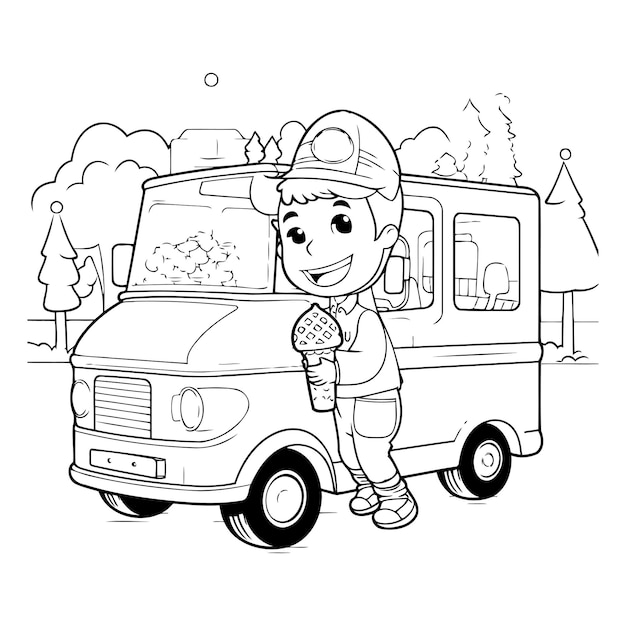 Vector black and white cartoon illustration of a fast food truck or food truck driver with ice cream coloring book