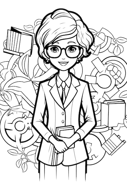 Vector black and white cartoon illustration of female student or professor for coloring book