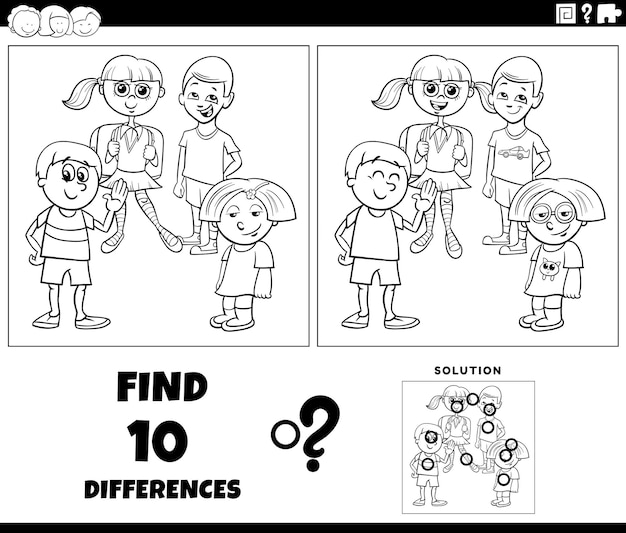 Illustrazione del fumetto in bianco e nero di trovare le differenze tra le immagini dell'attività educativa con la pagina da colorare del gruppo di personaggi dei bambini in età elementare