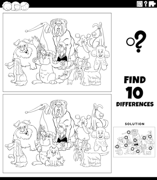 Black and white cartoon illustration of finding the differences between pictures educational game with funny dogs animal characters group coloring page