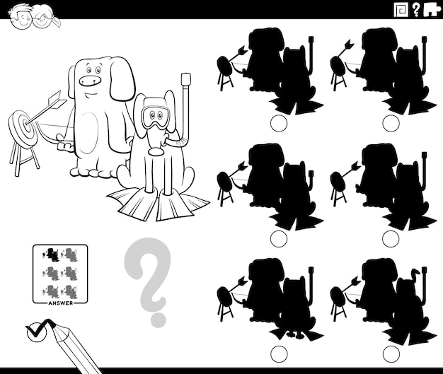 面白い犬のぬり絵を使ったシャドウ教育ゲームに適切な画像を見つける白黒漫画イラスト