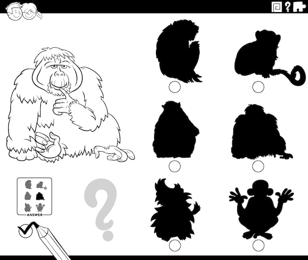 Black and white cartoon illustration of finding the right picture to the shadow educational game with orangutan animal character coloring page