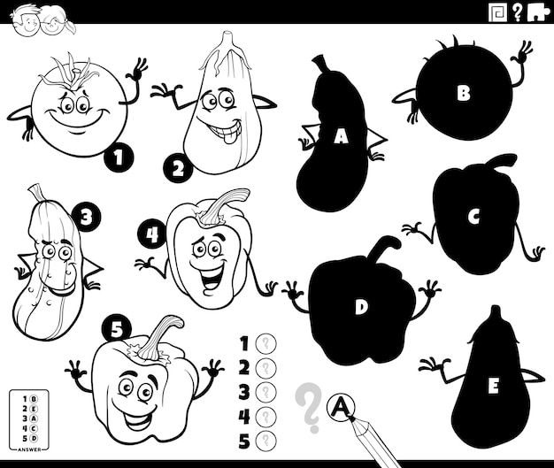 Black and white cartoon illustration of finding the right shadows to the pictures educational game with comic fruit and vegetable characters coloring page