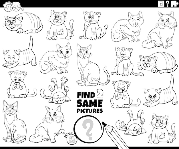 Black and white cartoon illustration of finding two same pictures educational activity with comic cats animal characters coloring page