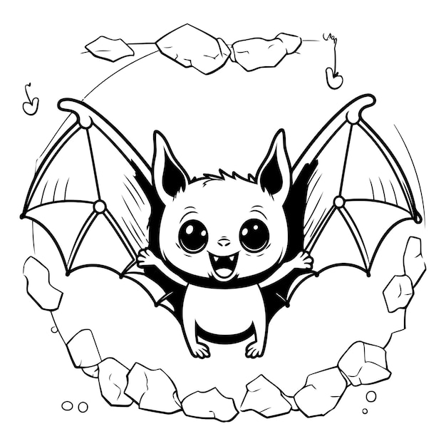 Vector black and white cartoon illustration of funny bat animal character coloring book