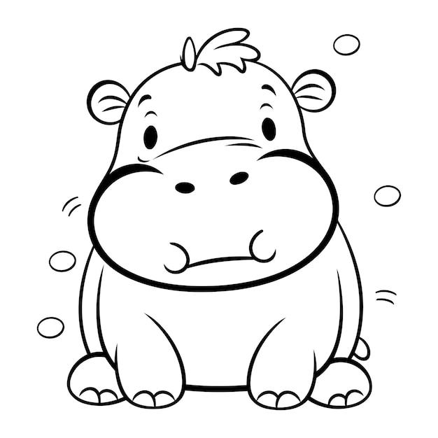 Vector black and white cartoon illustration of funny hippo animal character coloring book