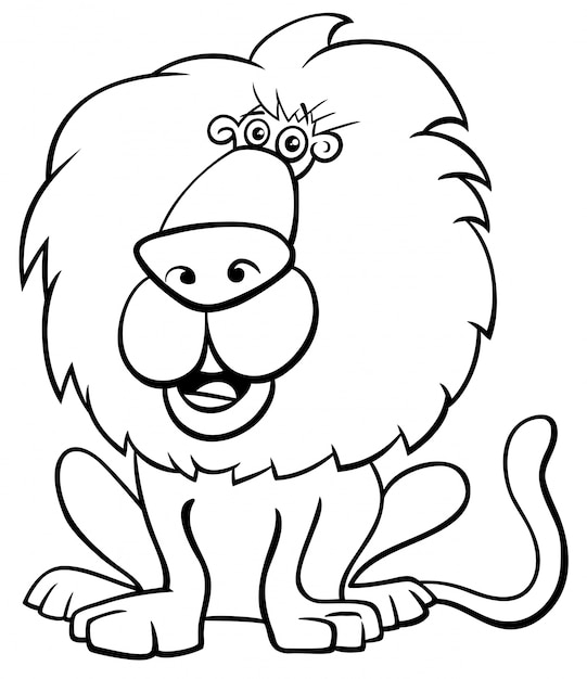 Black and White Cartoon Illustration of Funny Lion Wild