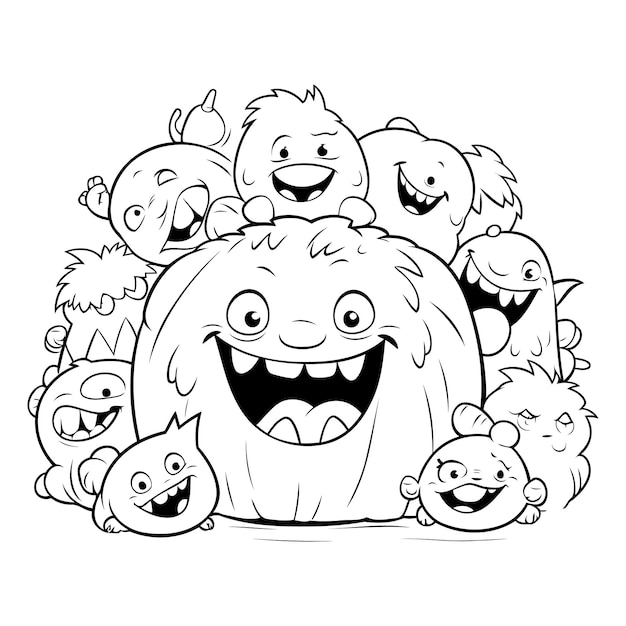 Black and white Cartoon Illustration of Funny Monsters Group for Coloring Book