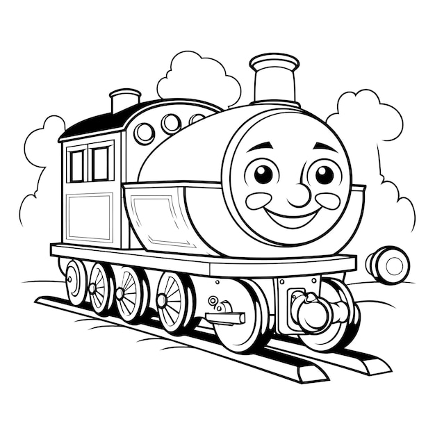 Vector black and white cartoon illustration of funny steam train character for coloring book