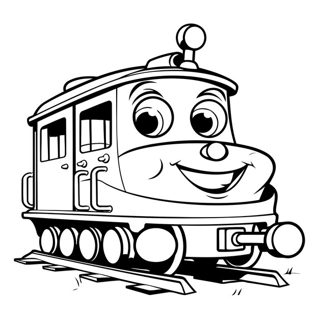 Vector black and white cartoon illustration of funny train character for coloring book