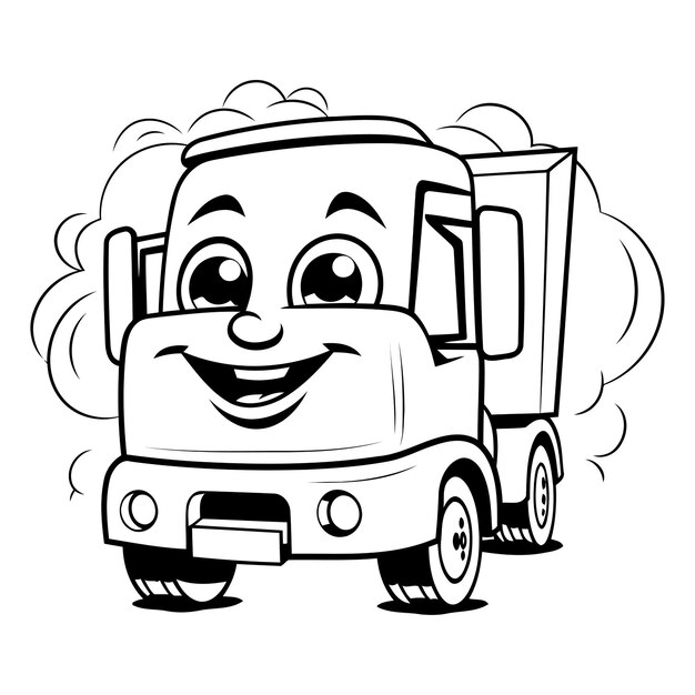 Vector black and white cartoon illustration of funny truck character for coloring book