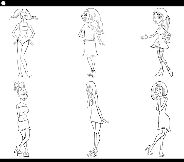 Black and white cartoon illustration of funny women characters caricature set