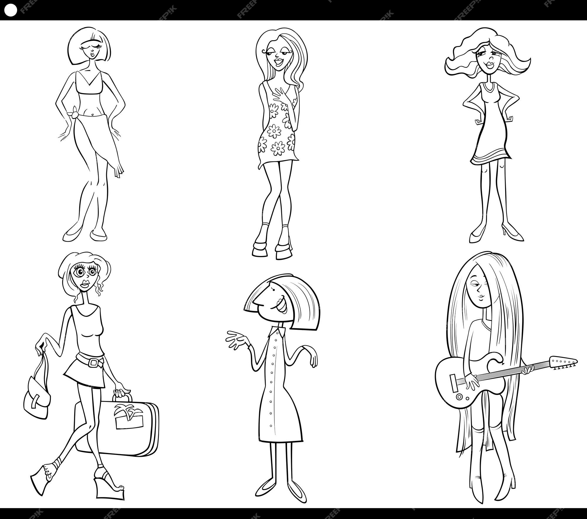 Premium Vector | Black and white cartoon illustration of funny women  characters set