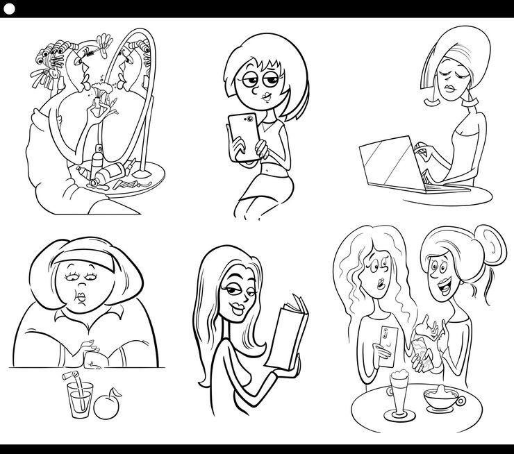 Vector black and white cartoon illustration of funny women comic characters set
