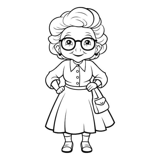 Vector black and white cartoon illustration of grandmother or grandmother character for coloring book