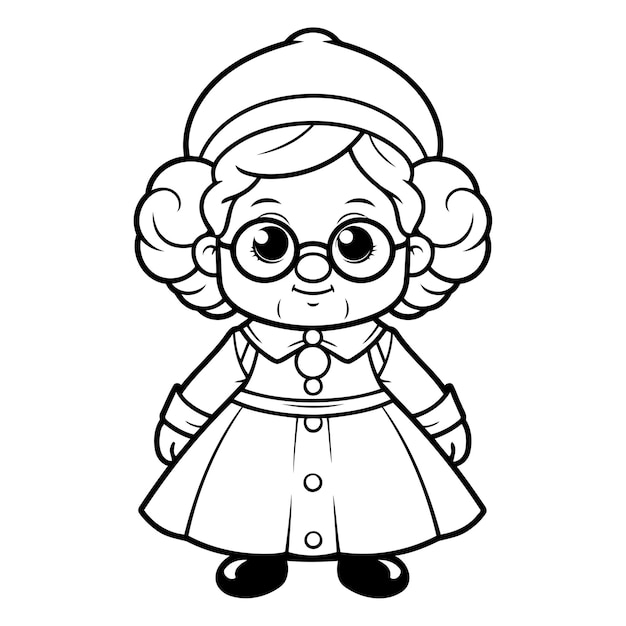 Vector black and white cartoon illustration of grandmother or grandmother character for coloring book