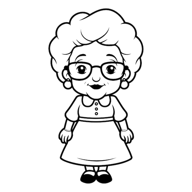 Vector black and white cartoon illustration of grandmother or grandmother character for coloring book