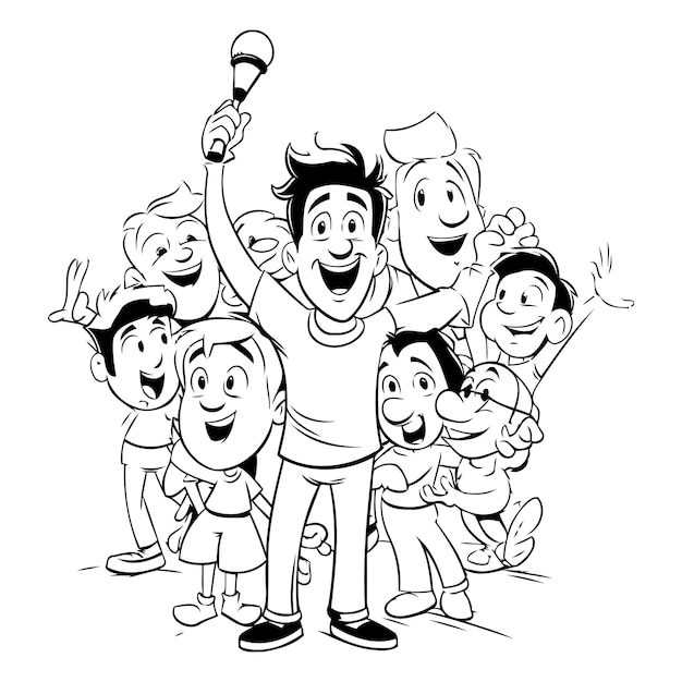 Vector black and white cartoon illustration of group of kids with microphone or microphone