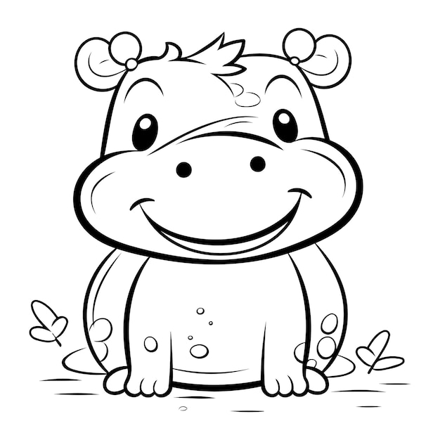 Vector black and white cartoon illustration of hippo animal character coloring book