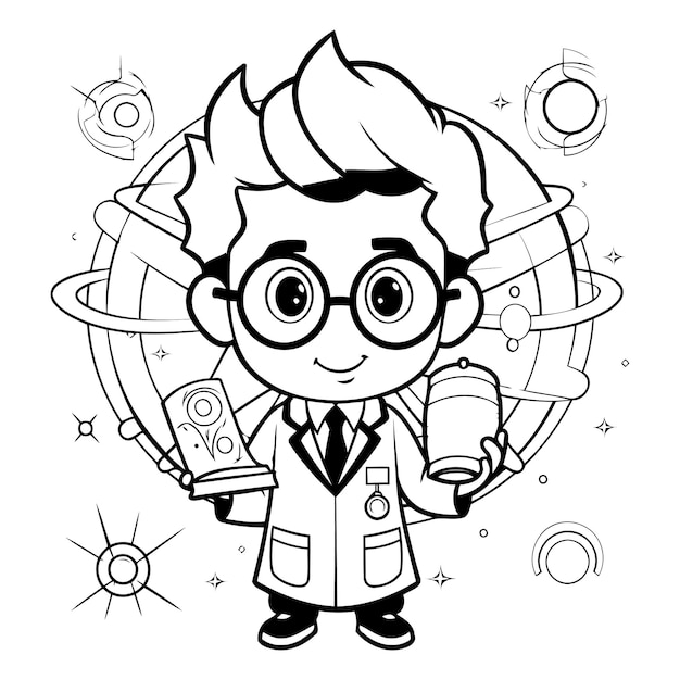 Black and White Cartoon Illustration of Kid Boy Astronaut Character with Glasses and Globe