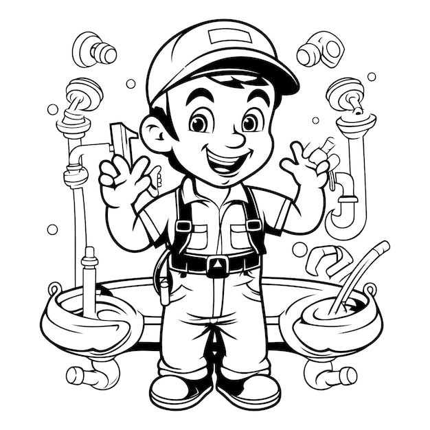 Black and White Cartoon Illustration of a Kid Boy Construction Worker or Plumber Character