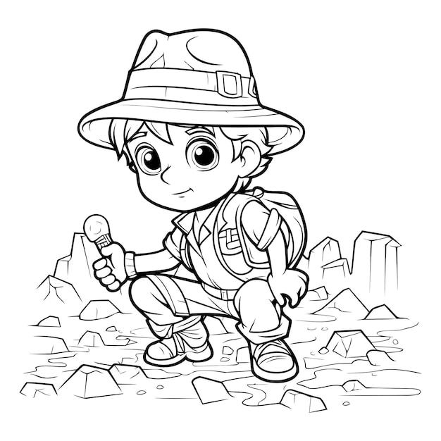 Black and White Cartoon Illustration of Kid Boy Hiking or Camping for Coloring Book