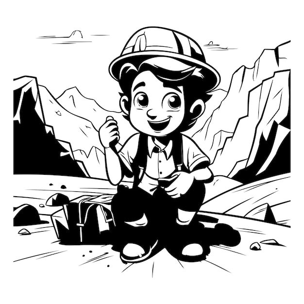 Black and White Cartoon Illustration of Kid Boy Hiking or Camping