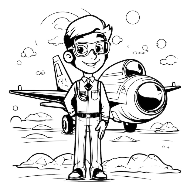 Black and White Cartoon Illustration of Kid Boy Pilot Character Flying with Plane or Airplane for Coloring Book