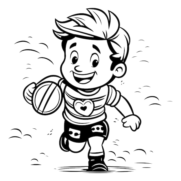 Black and White Cartoon Illustration of a Kid Boy Playing Rugby for Coloring Book